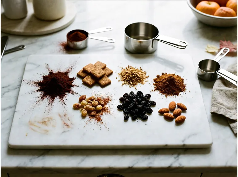 Gli ingredienti: biscotti, frutta secca, cacao e spezie