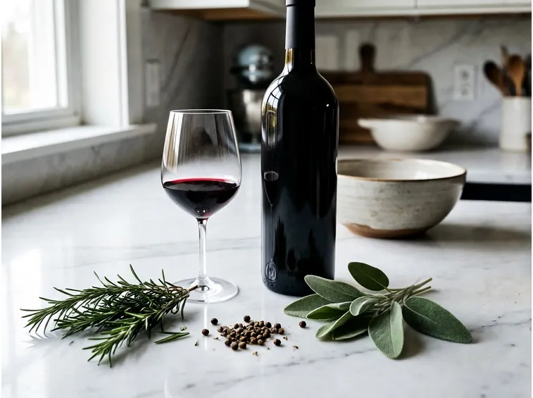 Gli ingredienti della marinata: vino rosso, verdure, erbe e ginepro