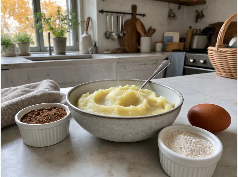 Dosi e impasto: le due farine, le patate schiacciate a caldo e l'uovo