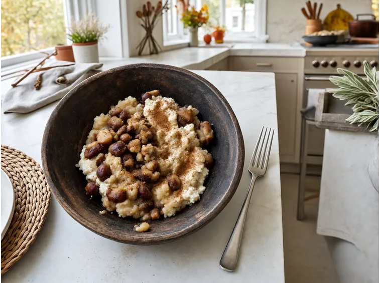 Il ripieno: castagne schiacciate, ricotta e noce moscata