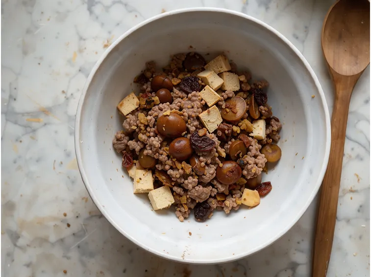 Il ripieno di carne, castagne e frutta e come cucire il tacchino