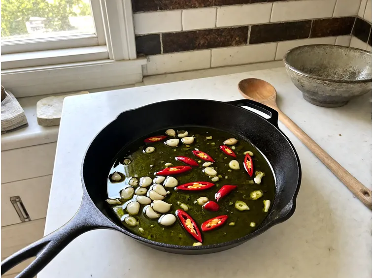Il soffritto di aglio e peperoncino e la cottura in padella