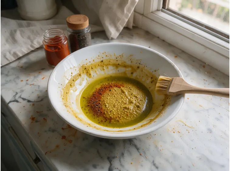 La marinatura con olio, senape e spezie da spennellare sulla testa